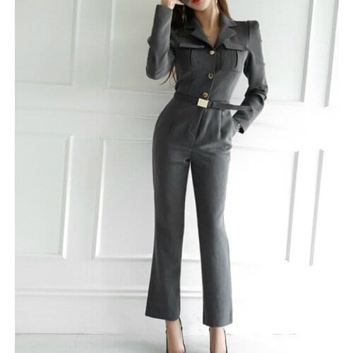 2020 Autumn Winter Turn Down Collar Single-breasted Corset Black Gray Empire Pocket OL Office Work Jumpsuit for Woman with Belt