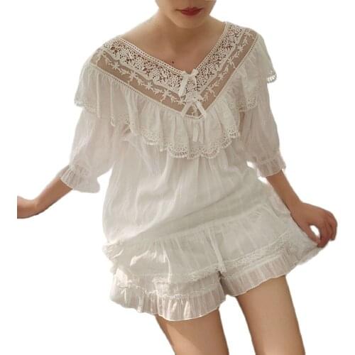 Womens Pajamas Set For Summer Retro Princess Palace Lace Cute Sweet Short Sleeve Sleepwear Female Sleeping Suit Pleated White