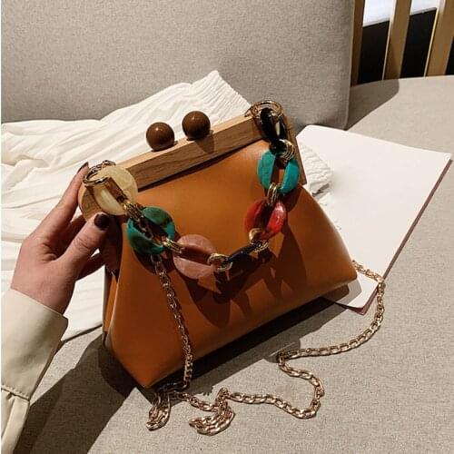 Women Trendy Shoulder Bags Luxury PU Handbag Vintage Clip Clutch Bag Purses Mini Acrylic Chain Crossbody Totes Ladies Hand Bag