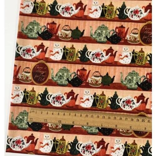Vintage cat teapot 100% Cotton Fabric Brand New Stripe Flowers Printed Sewing Cloth Dress Clothing Textile Tissue