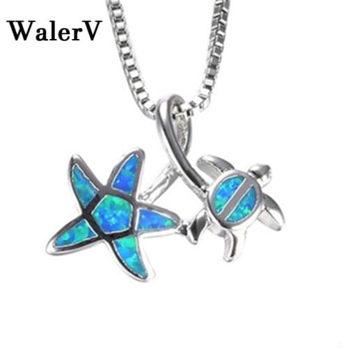 WalerV New Color Necklace Lovely Unique Starfish /Turtle Shape Pendant Imitation Blue Fire Opal Stone for Women Girl Gift