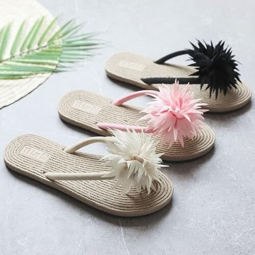 Women Imitation Hemp Rope Flat Heel Hemp Bottom Slipper Female Flower Sandals Flat Bottom Flip Flop Beach Clip Shoes