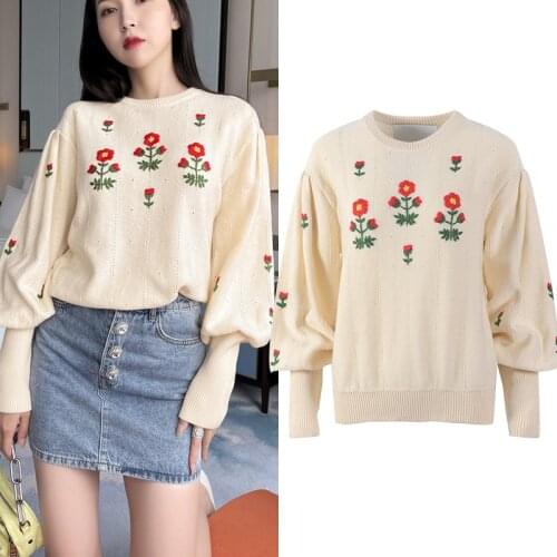 Vintage Flower Embroidery Women Oversize Lantern Sleeve Pullover 2021 Winter New Beige Orange Fashion Designer Halloween Sweater