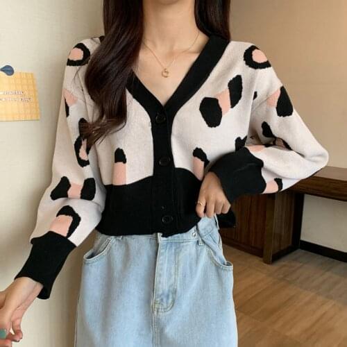 Womens Knitted Cardigan Spring Autumn Outerwear Leopard Print V-neck Long Sleeve Crop Top Female Clothing Sweater Coat