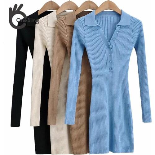 OneBling Za Woman 2021 Slinky Knit Dress Autumn Winter Sweaters Buttons Front POLO Collar Casual Bodycon Mini Traf Dresses