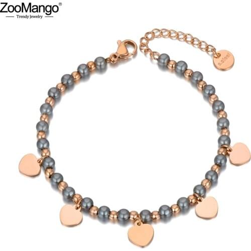 ZooMango Bohemia Titanium Stainless Steel Pearl Beaded Bracelets For Women Trendy Heart Charm Bracelet Jewelry браслет ZB20116