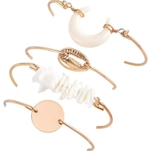 4 Pcs/Set Bohemian Gold Moon Shell Irregular Natural Stone Bracelet Set Vintage Bangle & Bracelet Jewelry Accessories