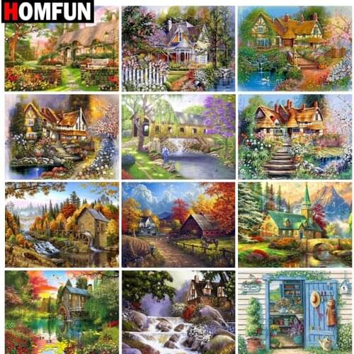 HOMFUN Full Square/Round Drill 5D DIY Diamond Painting "House flower creek view" Embroidery Cross Stitch 5D Home Decor Gift