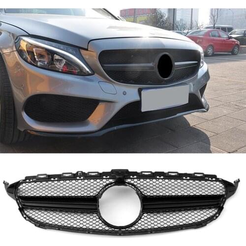 Car Front Grille Upper Grill W/ Camera For Mercedes Benz C-Class W205 C200 C250 C300 C350 2015 2016 2017 2018 Gloss Black ABS