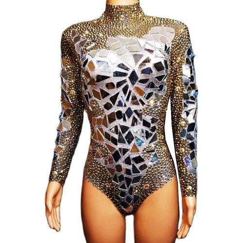 Shiny Costume For Women Mirror Sequins Gold Rhinestones Bodysuit Turtleneck Backless Bodycon Nightclub Outfit Performance Suit