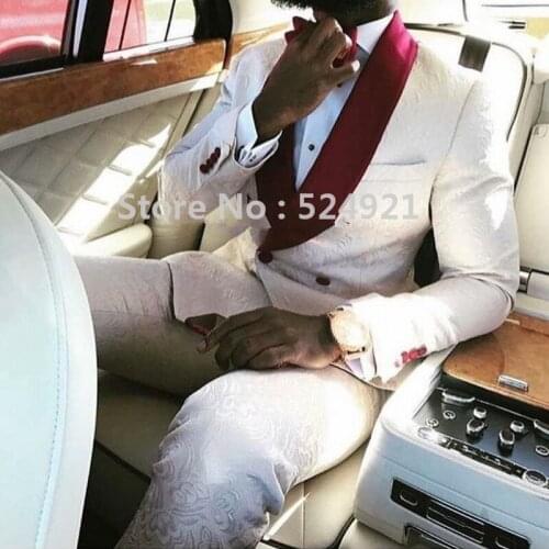 Side Vent Groomsmen White Pattern Groom Tuxedos Shawl Wine Lapel Men Suits Wedding/Prom Best Man Blazer( Jacket+Pants+Tie )C269