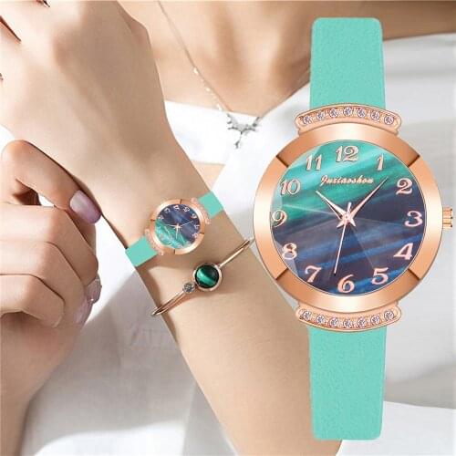 Women Arabic Numbers Watches Fashion Ladies Quartz Watch Bracelet Set Green Dial Simple Leather Luxury Women Watches