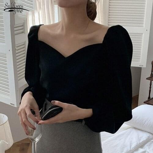 Square Collar Long Sleeve Black Shirt Vintage Korean Style Women Blouse Off Shoulder Sexy Ladies Shirt Tops Blusas Mujer 13101
