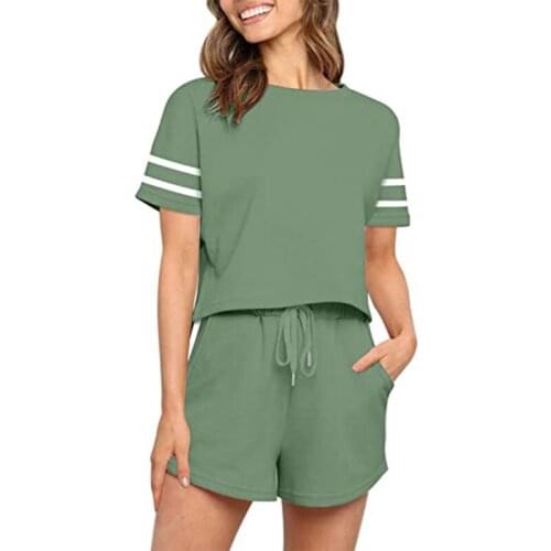 2021 summer womens new leisure sports green stripe T-shirt cotton blended straight pants pocket drawstring short sleeve shorts