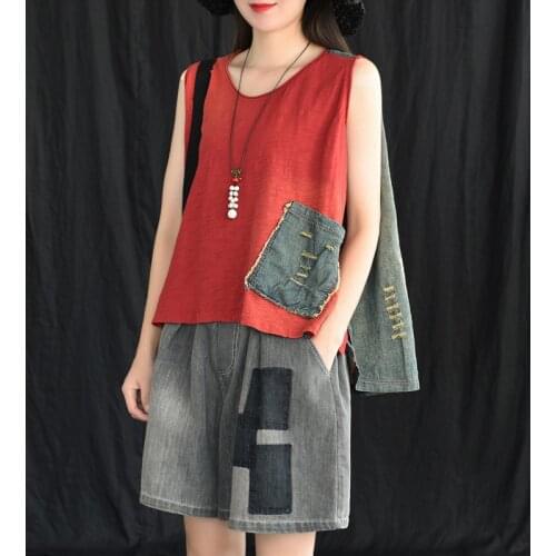 Summer T-shirt Women Retro Loose Casual Pullovers New Tops O-Neck Sleeveless Patchwork pocket Vintage Ladies Ladies Streetwear