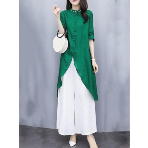 Simple Elegant Women Two Piece Set Top and Pants Art Embroidery Plus size Stand collar Loose Long Shirt Wide leg Pants Suit