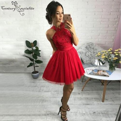 Red Short Homecoming Dresses 2020 Lace Crystal Open Back Mini Cocktail Dress Prom Gowns Graduation Dresses Cheap
