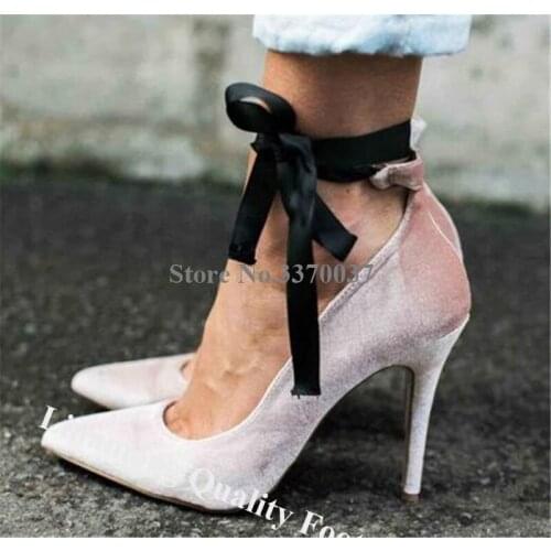 Linamong Pointed Toe Pink Velvet Stiletto Heel Pumps Ankle Lace-up High Heels Formal Dress Shoes Wedding Shoes