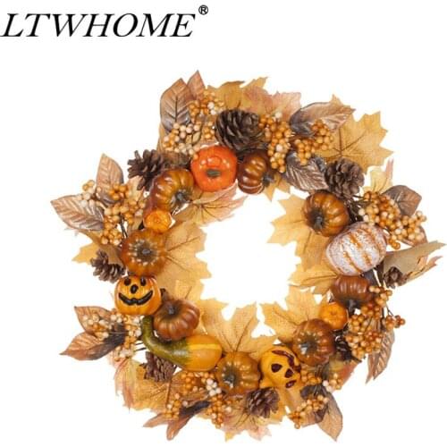 LTWHOME 18 Inch Handmade Halloween Wreath with Pumpkins, Maple Leaves, Pine Cones for Halloween Party, Model: WHHW