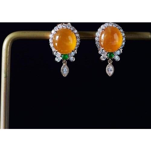 Natural yellow chalcedony ice transparent round bead earrings Chinese style retro creative craft charm womens silver jewelry