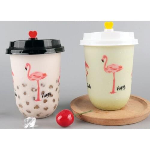 50pcs Net red flamingo disposable coffee cup 500ml transparent packaging juice yogurt pudding cake dessert plastic cup with lid