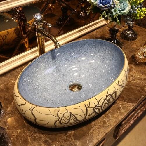 Oval shape China Artistic Europe Style Counter Top porcelain wash basin bathroom sinks ceramic art vessel sink