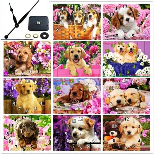 Cute dog 5d diamond painting with Mechanical clock 5d diamond embroidery clock diamond mosaic sale home decortion wall sticker