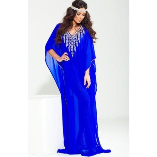 Blue Muslim Evening Dresses Sheath V-neck Chiffon Beaded Crystals Moroccan Kaftan Dubai Saudi Arabia Long Prom Dress Gown
