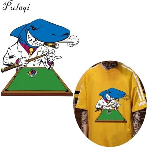 Pulaqi Heat Transfers Patches For Clothing Shark Billiard Badge Iron On Patch For Apparel Bags DIY Accessories Clothes Sticker B
