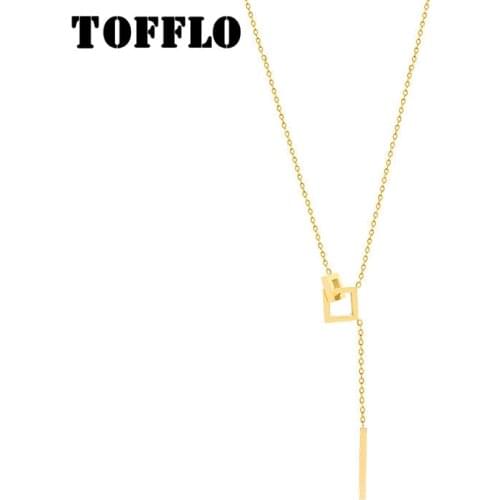 TOFFLO Stainless Steel Jewelry Geometric Square Long Tassel Necklace Womens Fashion Clavicle Chain BSP819