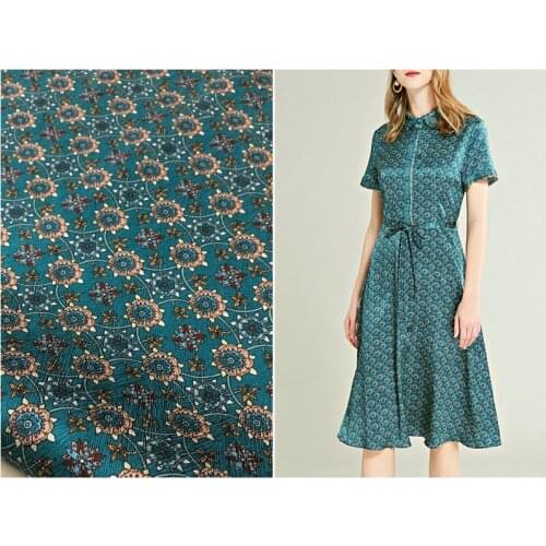 22mm herringbone pattern heavy silk cloth hole blue bottom small floral printing elastic silk satin dress fabric boutique hot