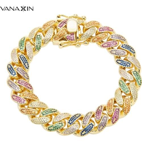 VANAXIN 14.5mm Chain Cuban Bracelet Ice Out Cuban Hip Hop Link CZ Iced Bangle For Men Women Jewelry Gift Box 7/8/9 Inch