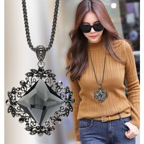Vintage Initial Crystal Square Long Pendant Necklace Women New Fashion Jewelry Wholesale Sweater Necklaces