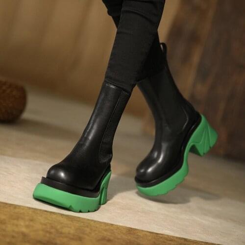 2021 New Ankle Boots for Women Thick Bottom Round Toe Genuine Leather Boots Black White All-match Botas Feminina Platform Shoes