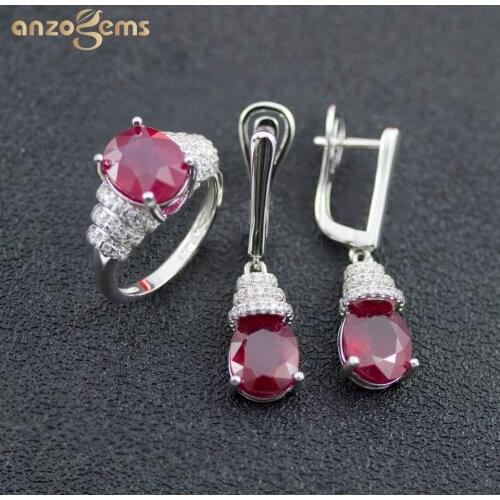 Anzogems 100% natural africa ruby jewelry sets real 925 sterling silver earrings ring red gemstone jewelry for womens gift 2020