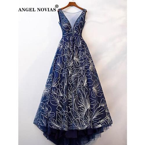 ANGEL NOVIAS Long A Line Navy Blue Glitters Lace Backless Arabic Evening Dress 2019 Robes De Soiree Longue