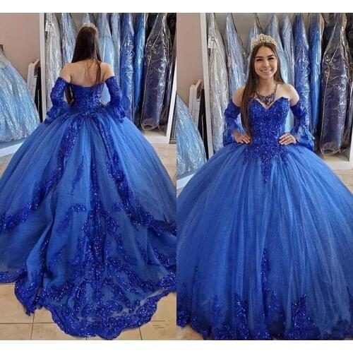 Royal Blue Princess Quinceanera Dresses 2021 Sparkly Sequins Applique Lace-up Corset Top Sweetheart Sweet 16 Dress with Sleeves