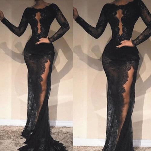 SuperKimJo Abiti Da Cerimonia Da Sera Black Lace Applique Evening Dresses Long Sleeve Mermaid Elegant Cheap Evening Gown