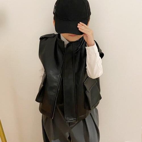 Baby Boys Girls Pu Leather Vest Jacket New Design Kids Korean Waterproof Windproof Outwear Childrens Leather Collar Zipper Coat