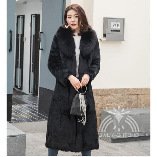 100% Real natural genuine full pelt rabbit fur coat with fox fur collar women fashion jacket custom any size