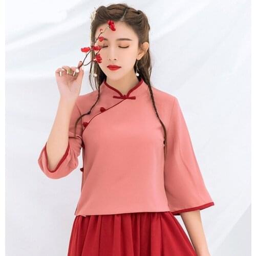 2021 Tang Suit Chinese Style Clothing Women Shirt Mandarin Collar Vintage Cheongsam Top Hanfu Women Ladies Chinese Tops KK3688