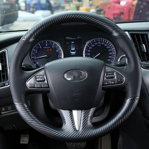 3D Carbon Fiber&Black Hole Leather Steering Wheel Hand Sewing Wrap Cover Fit For Infiniti Q50