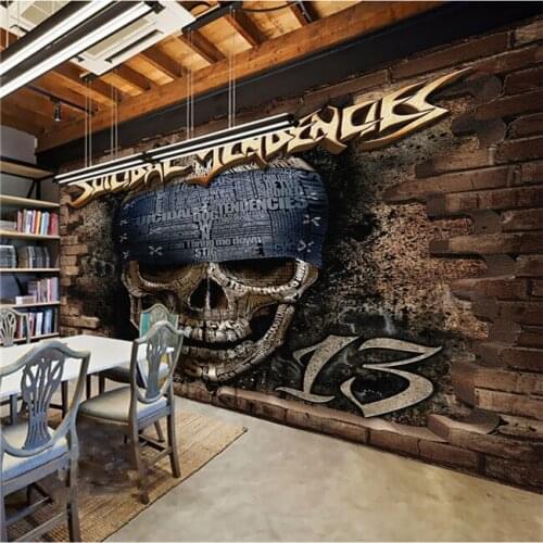 Large 3d Retro Nostalgic Personality Stereo Brick Wall Skull Head Rock Wallpaper KTV Bar Wallpaper Seamless Mural