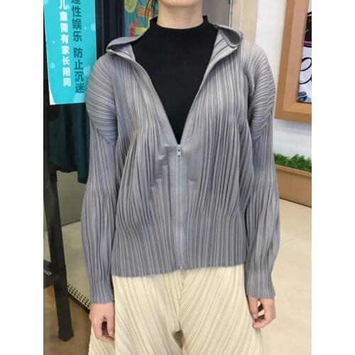 Miyake pleated casual harem pants Korean fashion classic pleated hooded zipper jacket pocket women pant suits two piece gray