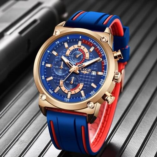 LIGE New Mens Watch Chronograph Analog Quartz Watch Date Creative Dial Blue Leather Strap Waterproof Wrists Watch Reloj Hombre