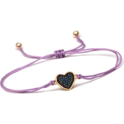 Colorful Cubic Zirconia Love Heart Charm Bracelet Women Girl 2020 New Fashion Purple Blue Green Copper CZ String Jewelry Present