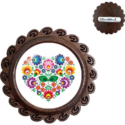 Ethnic Polish Folk Art Pattern Glass Cabochon Wood Brooch Bohemia Flower Print Jewelry Collar Pins For Women Men Gift