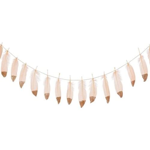 Feather Garland Rose Gold Glitter Dipped Soft Feather Banner for Bedroom Bohemian Teepee Decorations Boho Theme Wedding Bridal B