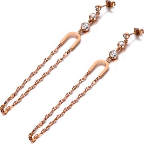 Titanium Stainless Steel CZ Crystal Tassel Earrings Trendy Long Chain Party Dangle Earrings Jewelry For Women E19317