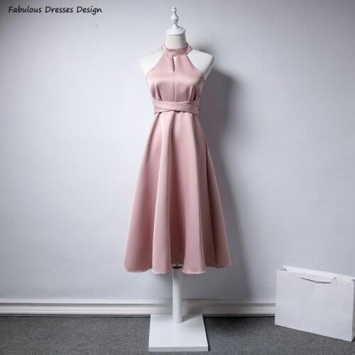 Exquisite A Line Short Bridesmaid Dresses High Collar Bowknot Sashes Tea Length Prom Dress 2021 Robe De Soirée De Mariage